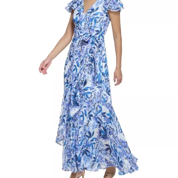 NWT Eliza J Blue Floral V-Neck Flutter Sleeve Ruffle Waist Tie Formal Maxi Dress - Picture 2 of 16